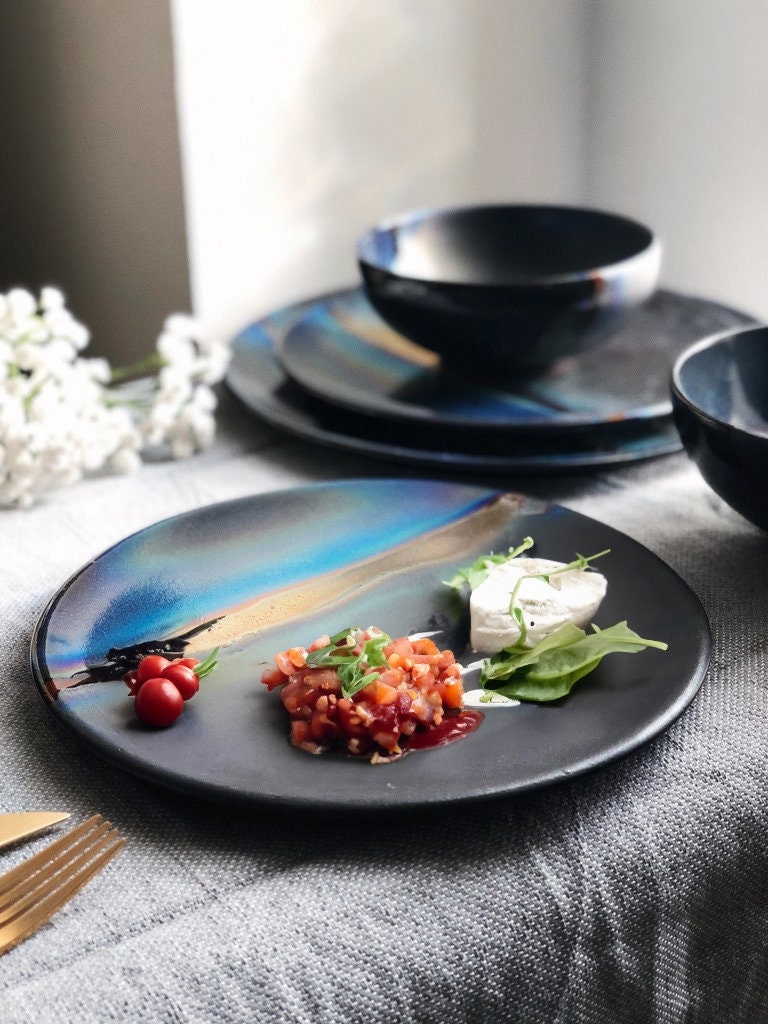 Black Dinner Plate Set with shades of Blue, and Gold Metallic Luster Stripe - Artistic Handmade Reduction Firing Pottery/Ceramic Dinnerware