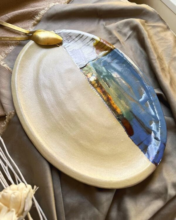 Beige Serving Platter | Oval with Abstract Art shades | featuring pastels and a gold metallic stripe | Ceramic Rectangular Plate