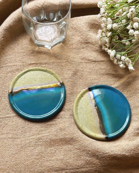 Blue, Green & Gold Coaster Set | Glossy, Matte, and Subtle Metallic Finish | Artistic Handmade Reduction Firing Pottery Home Decor