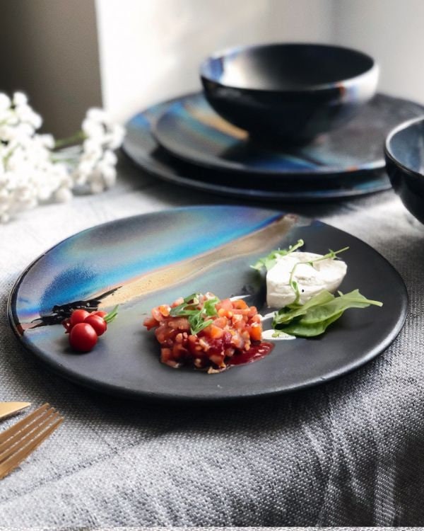 Black Plates & Bowls Sets with Blue Infusions, and Gold Metallic Luster Stripe - Artistic Handmade Crockery Dinnerware Dishware