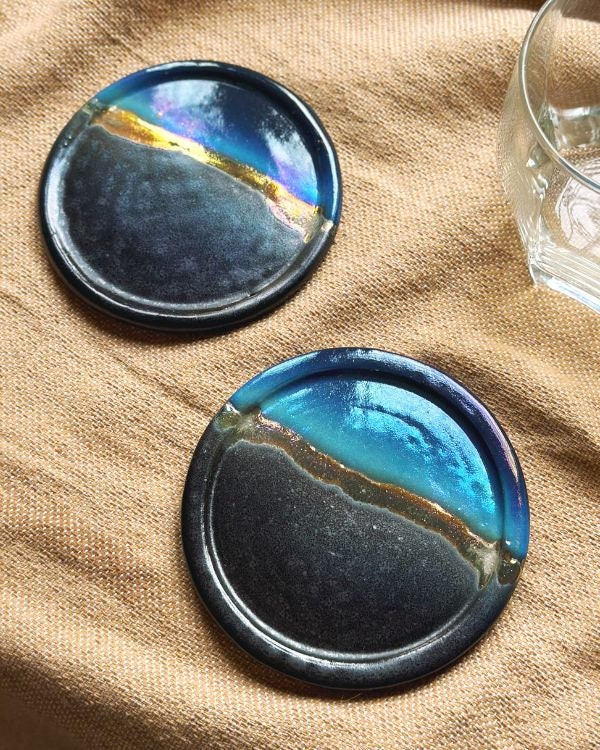 Black, Blue & Gold Coaster Set | Glossy, Matte, and Subtle Metallic Finish | Artistic Handmade Reduction Firing Pottery Home Decor