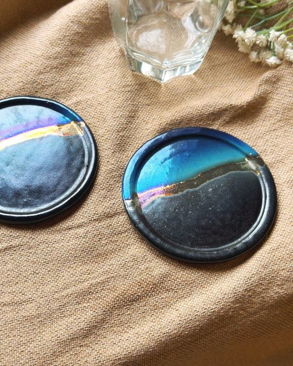 Black, Blue & Gold Coaster Set | Glossy, Matte, and Subtle Metallic Finish | Artistic Handmade Reduction Firing Pottery Home Decor