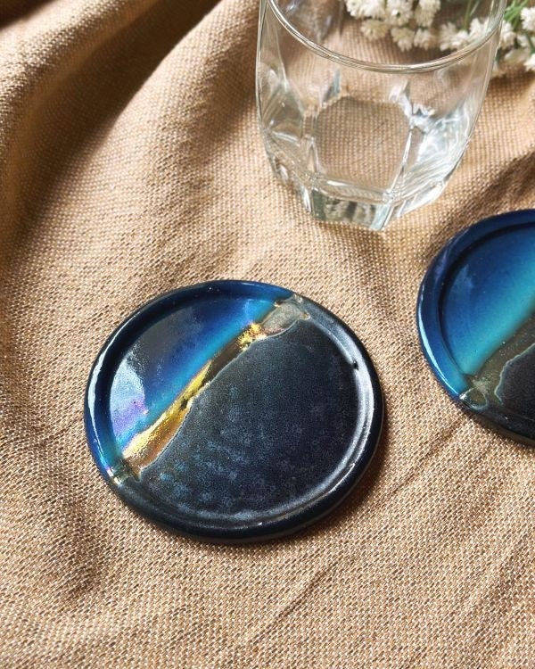 Black, Blue & Gold Coaster Set | Glossy, Matte, and Subtle Metallic Finish | Artistic Handmade Reduction Firing Pottery Home Decor