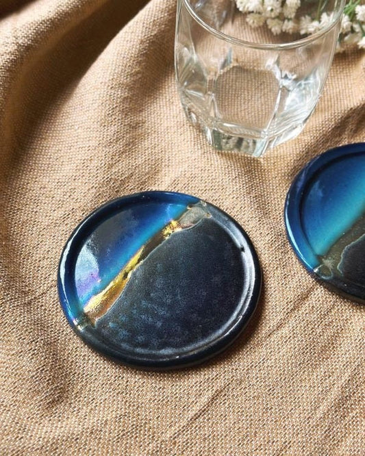 Black, Blue & Gold Coaster Set | Glossy, Matte, and Subtle Metallic Finish | Artistic Handmade Reduction Firing Pottery Home Decor