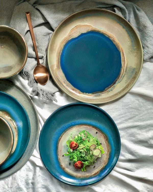 Blue Medium Plate | with Green & Gold Art | For Desserts and Salads | Glossy, Rustic, and Metallic Finish | Artisanal Handmade Dinner Set