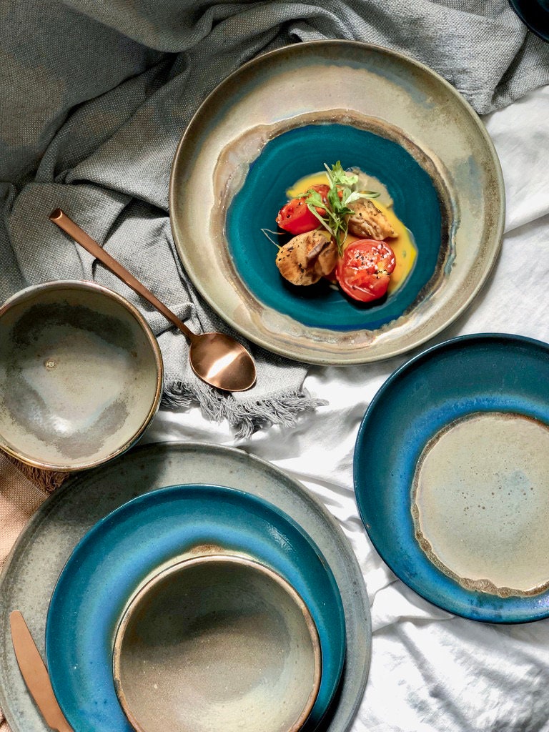 Blue, Green & Gold Plates and Bowls Dinner Set | Glossy, Rustic and Metallic Finish | Artisanal Handmade Pottery/Ceramic Dinnerware