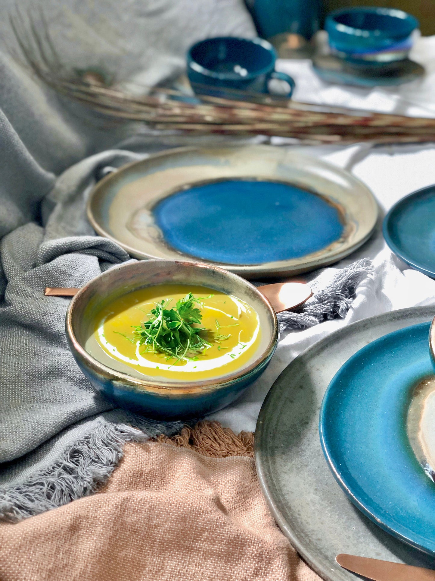 Blue, Green & Gold Plates and Bowls Dinner Set | Glossy, Rustic and Metallic Finish | Artisanal Handmade Pottery/Ceramic Dinnerware