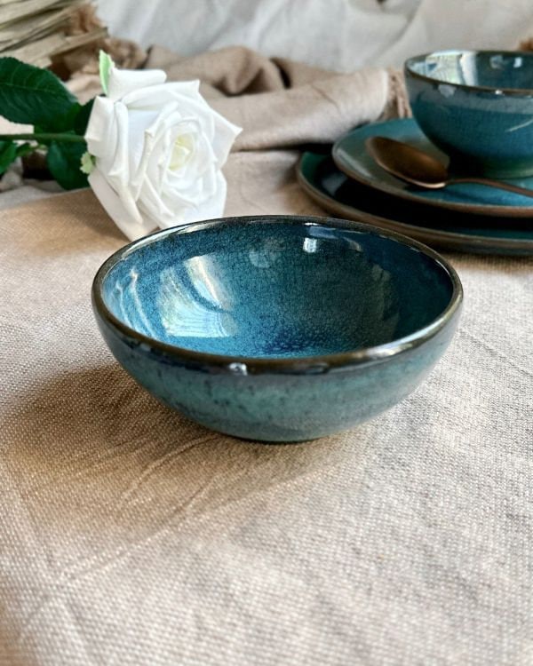 Blue Dinner Set | Random Patterns Turquoise & Navy | with Hints of Green | 3-Piece with a Glossy Finish | Artisanal Handmade Ceramic Set