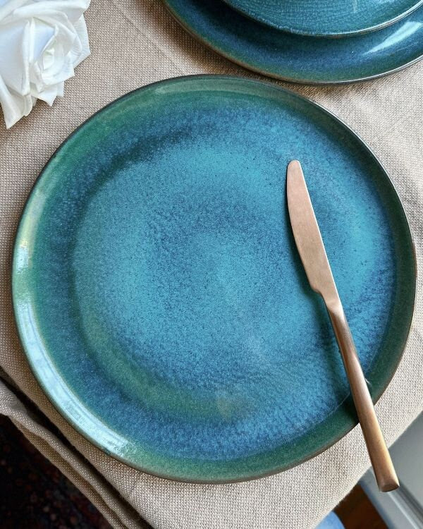 Blue Dinner Set | Random Patterns Turquoise & Navy | with Hints of Green | 3-Piece with a Glossy Finish | Artisanal Handmade Ceramic Set