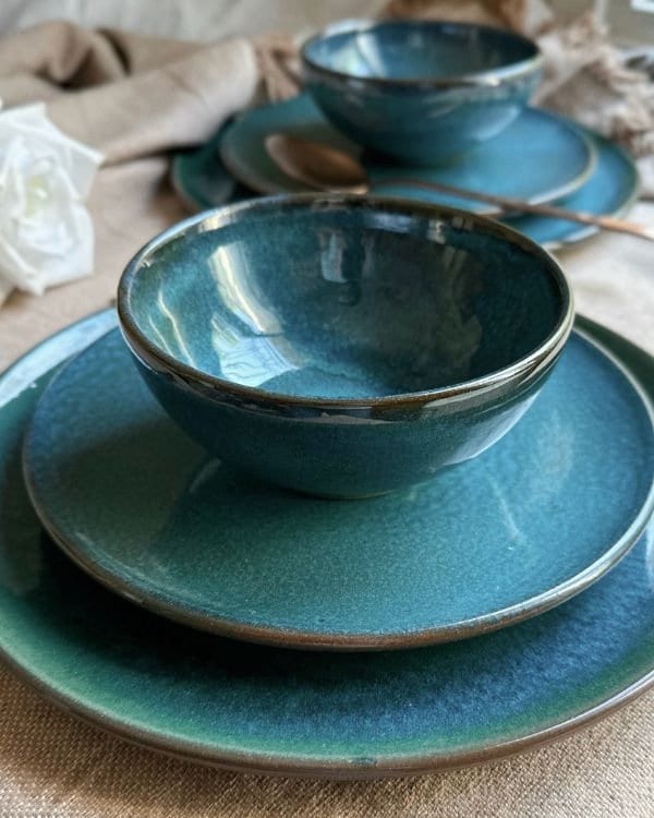 Blue Dinner Set | Random Patterns Turquoise & Navy | with Hints of Green | 3-Piece with a Glossy Finish | Artisanal Handmade Ceramic Set