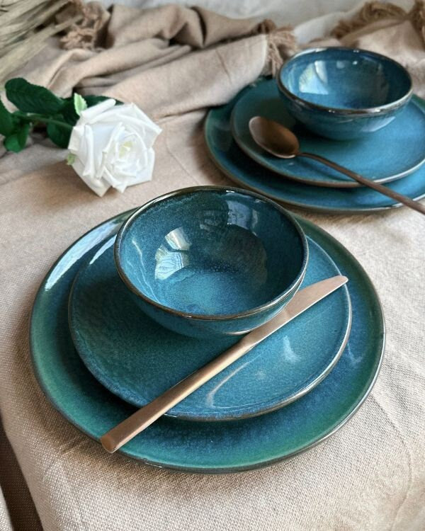 Blue Dinner Set | Random Patterns Turquoise & Navy | with Hints of Green | 3-Piece with a Glossy Finish | Artisanal Handmade Ceramic Set