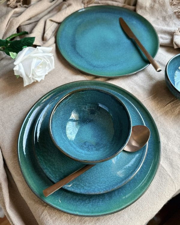 Blue Dinner Set | Random Patterns Turquoise & Navy | with Hints of Green | 3-Piece with a Glossy Finish | Artisanal Handmade Ceramic Set