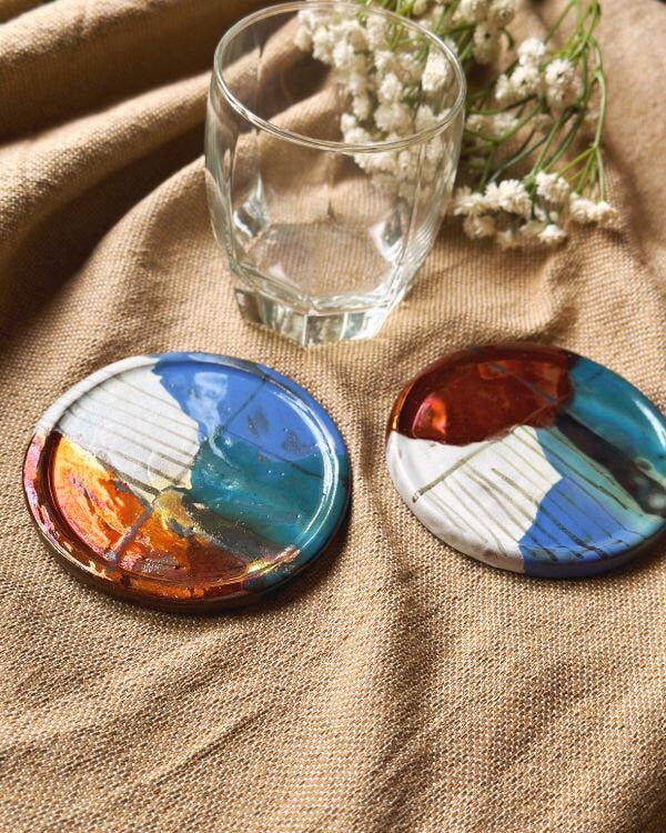 Artistic Coaster Set | Multi-Color with Glossy & Subtle Metallic Finish | Artistic Handmade Reduction Firing Pottery Home Decor