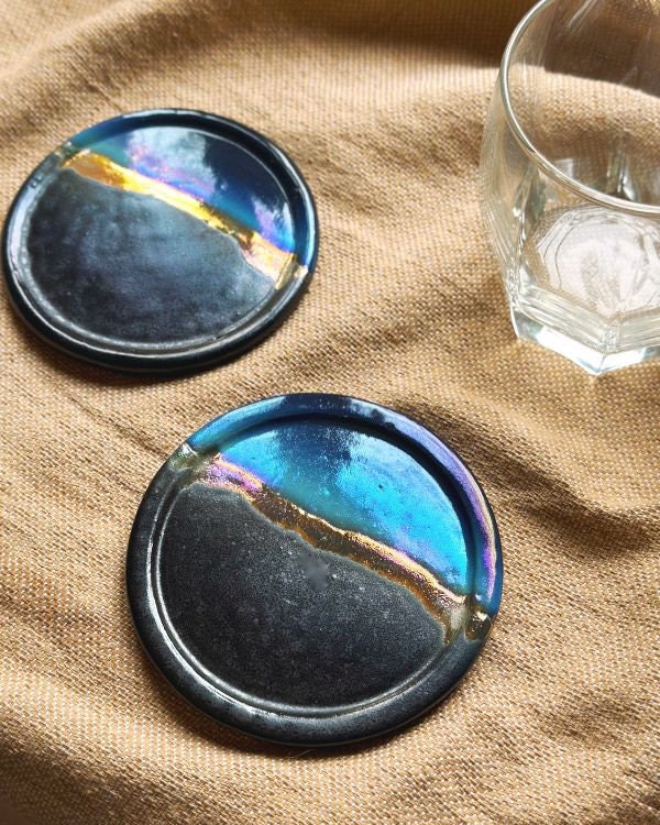 Black, Blue & Gold Coaster Set | Glossy, Matte, and Subtle Metallic Finish | Artistic Handmade Reduction Firing Pottery Home Decor