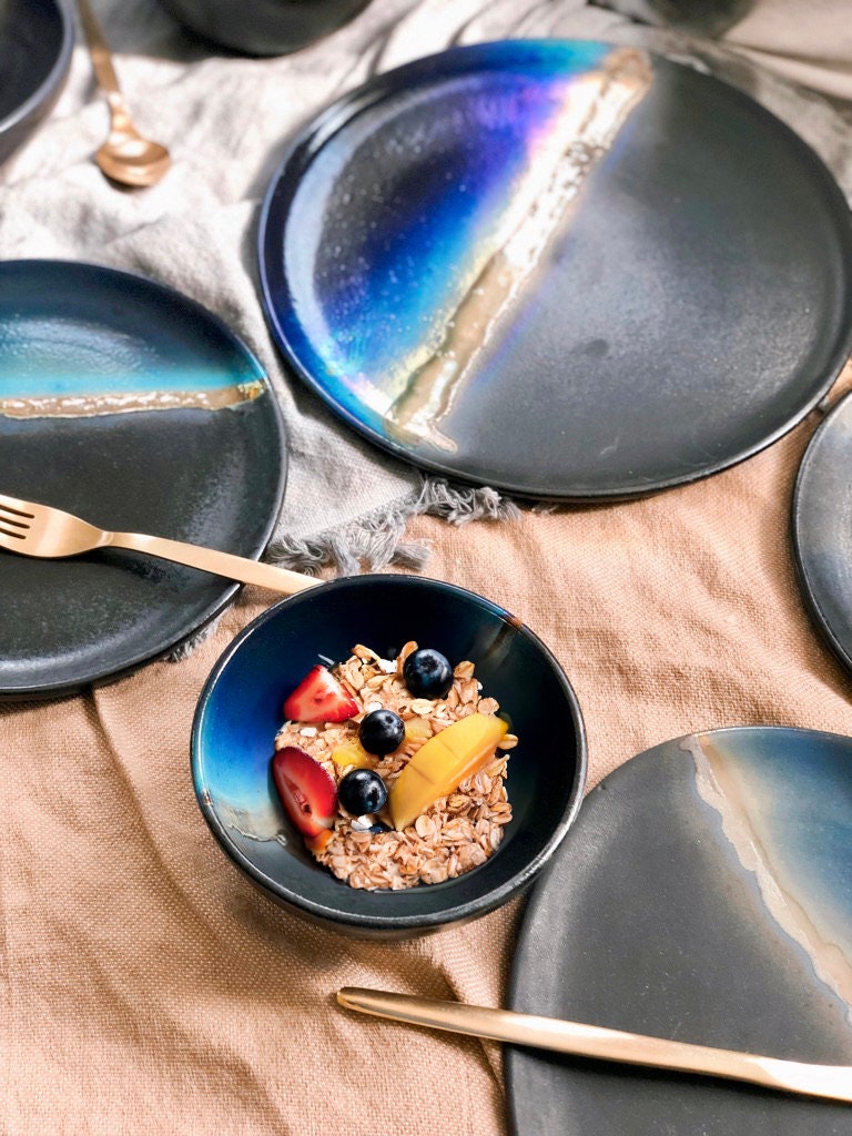 Black & Gold Dinner Set | with Blue Gradient, and Gold Metallic Luster Stripe | Artisanal Handmade Crockery Unique Dinnerware Artisan-Made