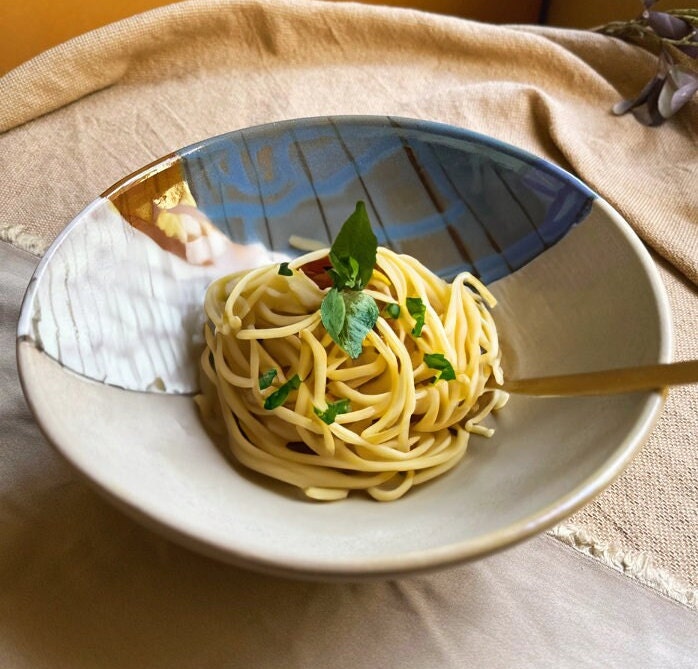 Beige Pasta Bowls Set | with Abstract Art featuring infusions s of Blue, White, Brown and a hint of Metallic Gold/Red | Artistic Dinner Set