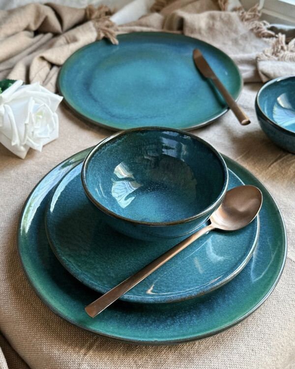 Blue Dinner Set | Random Patterns Turquoise & Navy | with Hints of Green | 3-Piece with a Glossy Finish | Artisanal Handmade Ceramic Set