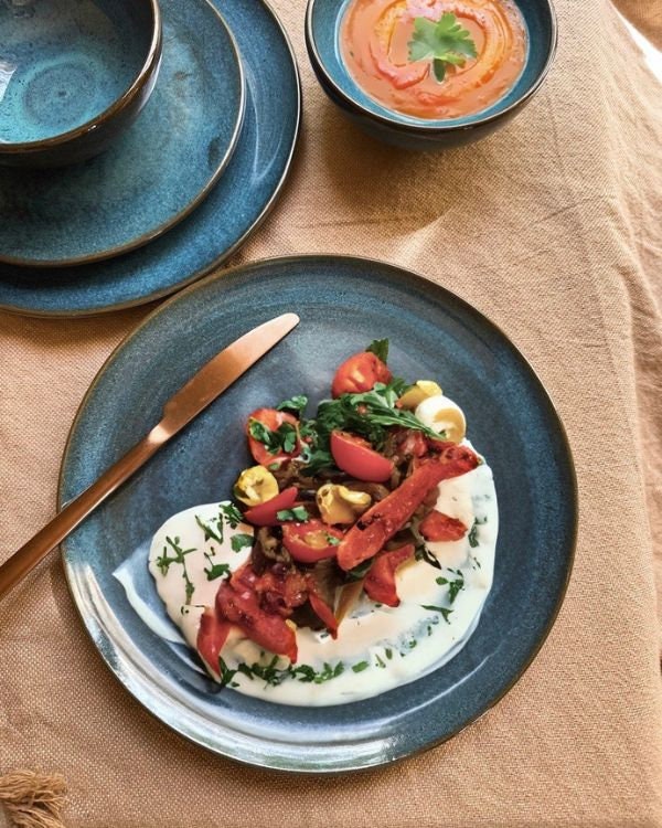 Blue & Navy Dinner Set | Random Hints of Green and Brown | 3-Piece with a Glossy Finish | Artisanal Handmade Pottery/Ceramic Dinnerware