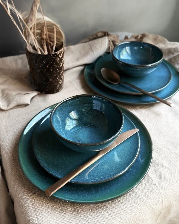 Blue & Navy Dinner Set | Random Hints of Green and Brown | 3-Piece with a Glossy Finish | Artisanal Handmade Pottery/Ceramic Dinnerware