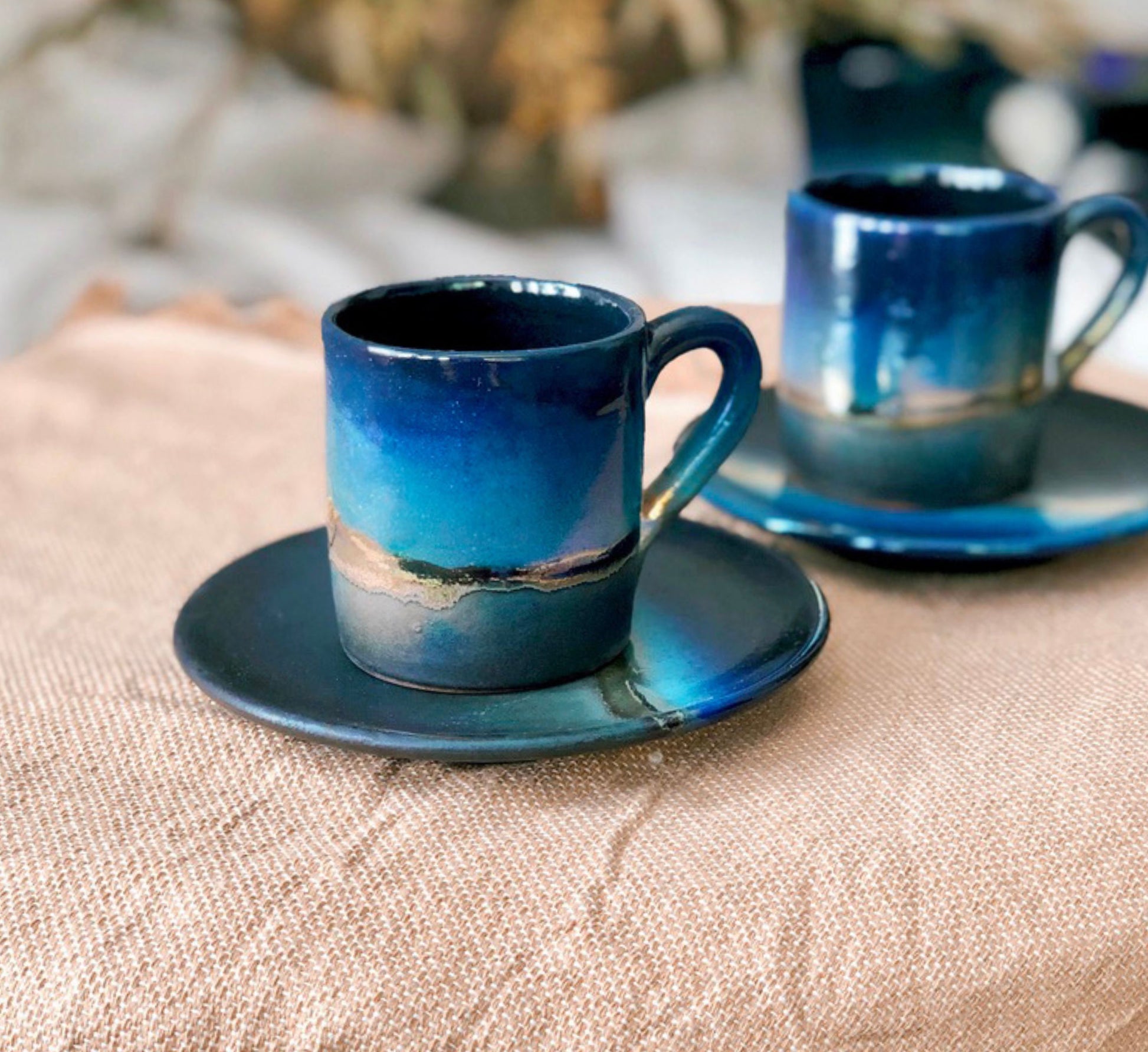 Black 'Turkish Coffee' Cup with with shades of Blue & Gold Metallic Luster Stripe - Artistic Handmade Reduction Firing Pottery/Ceramic Cups