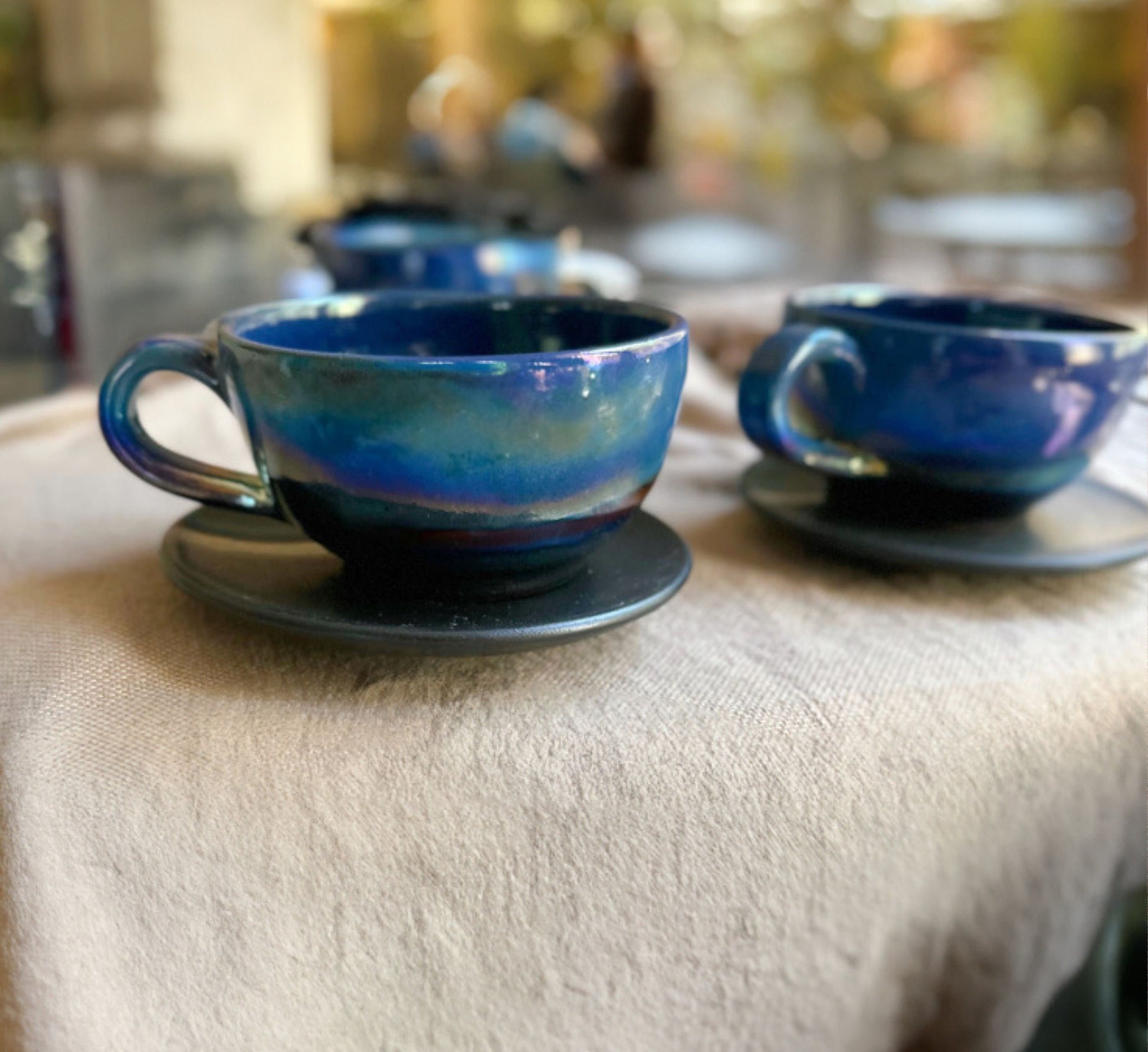 Black Cappuccino Cup with shades of Blue, and Gold Metallic Luster Stripe - Artistic Handmade Reduction Firing Pottery Cups