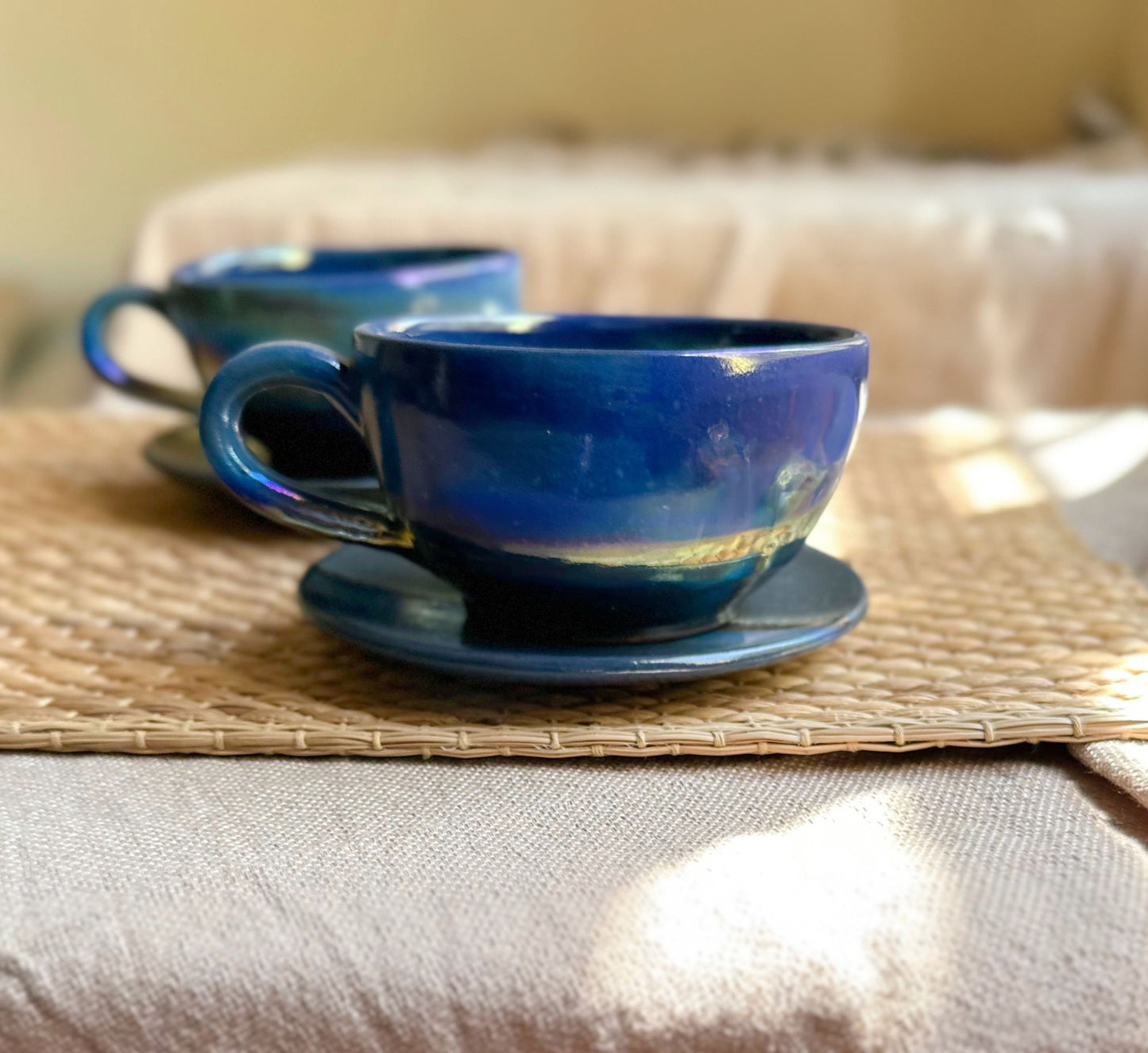 Black Cappuccino Cup with shades of Blue, and Gold Metallic Luster Stripe - Artistic Handmade Reduction Firing Pottery Cups