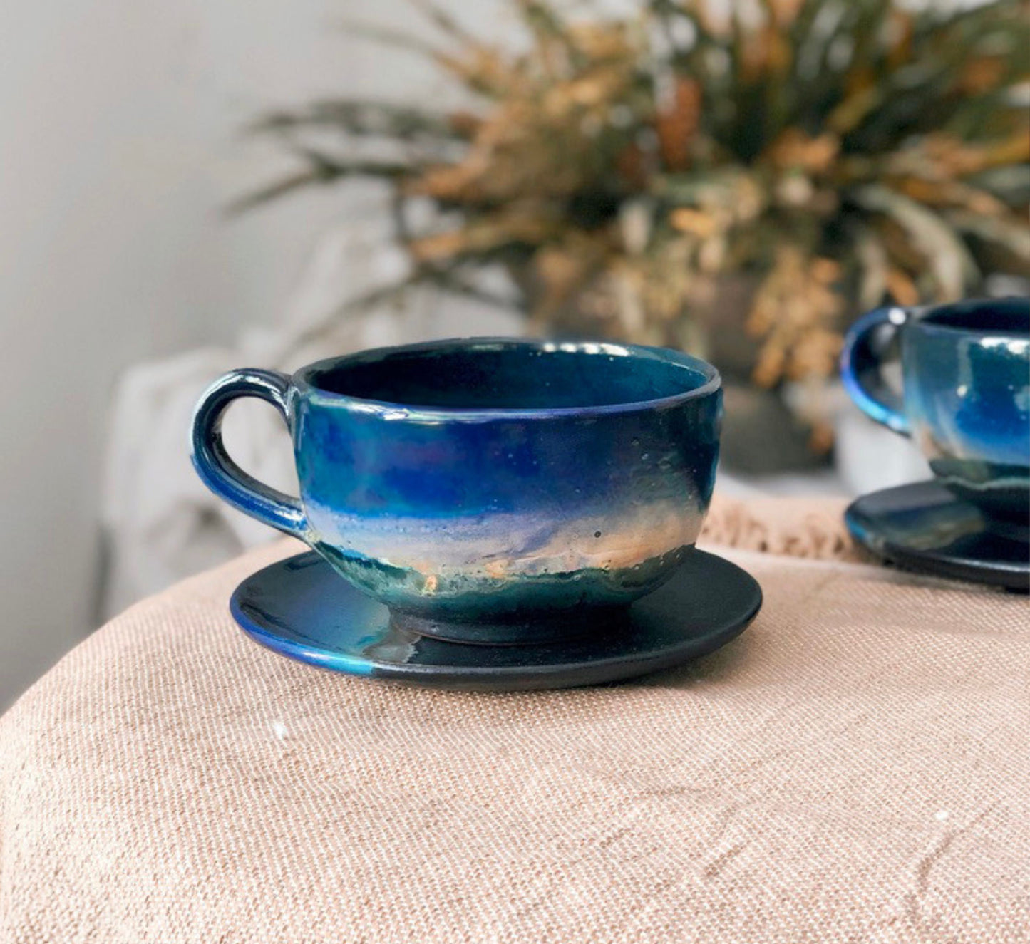 Black Cappuccino Cup with shades of Blue, and Gold Metallic Luster Stripe - Artistic Handmade Reduction Firing Pottery Cups