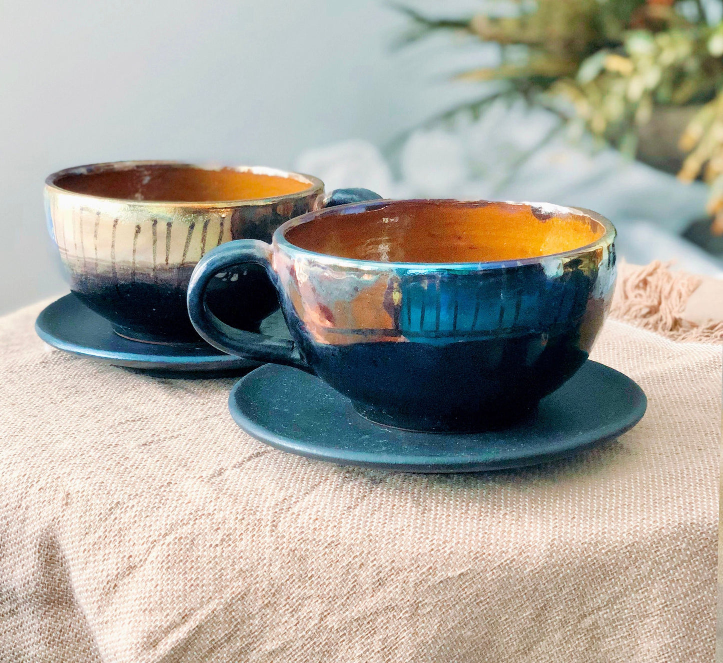 Black Large Cup & Saucer Set | with Multi-Color Rim with Abstract Design | for Cappuccino, Latte, Coffee, Hot Chocolate, Tea | Perfect Gift