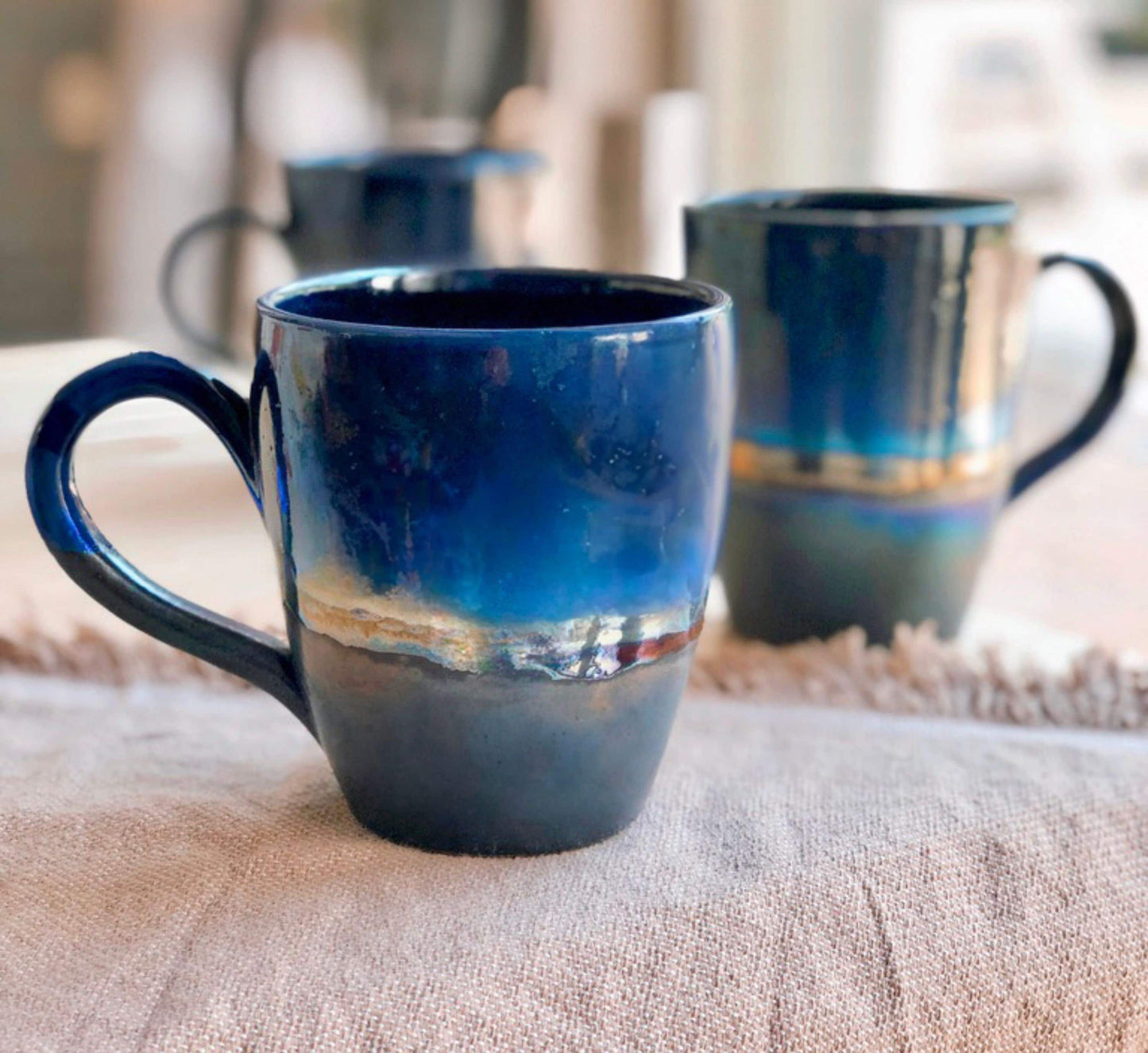 Black Mug with shades of Blue, and Gold Metallic Luster Stripe - Artistic Handmade Reduction Firing Pottery Mugs