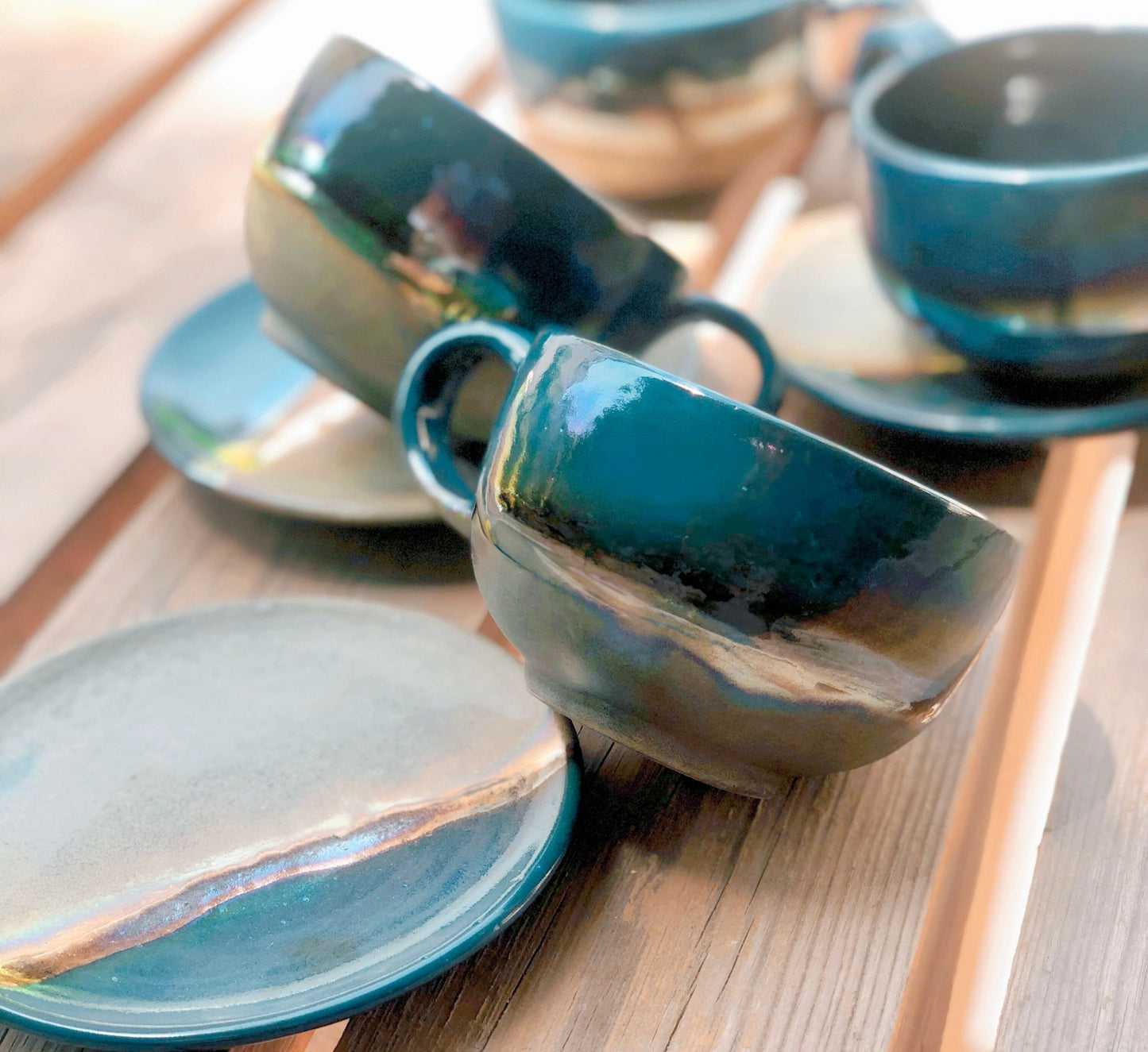 Faded Green & Peacock Blue Cappuccino Cup with Gold Metallic Luster Details and Glazing - Artistic Reduction Firing Drinkware