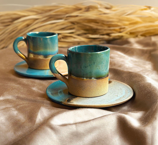 Green, Blue & Gold Cup and Saucer Set | For Espresso, or Turkish/Arabic Coffee | Rustic, Glossy and Metallic Finish | Unique Coffee Set