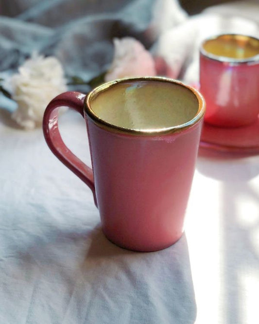 Pink Mug with Gold Metallic Rim | Glossy Glazing Handmade Ceramic Coffee Latte Mug | Shades of Salmon Pink and Rose