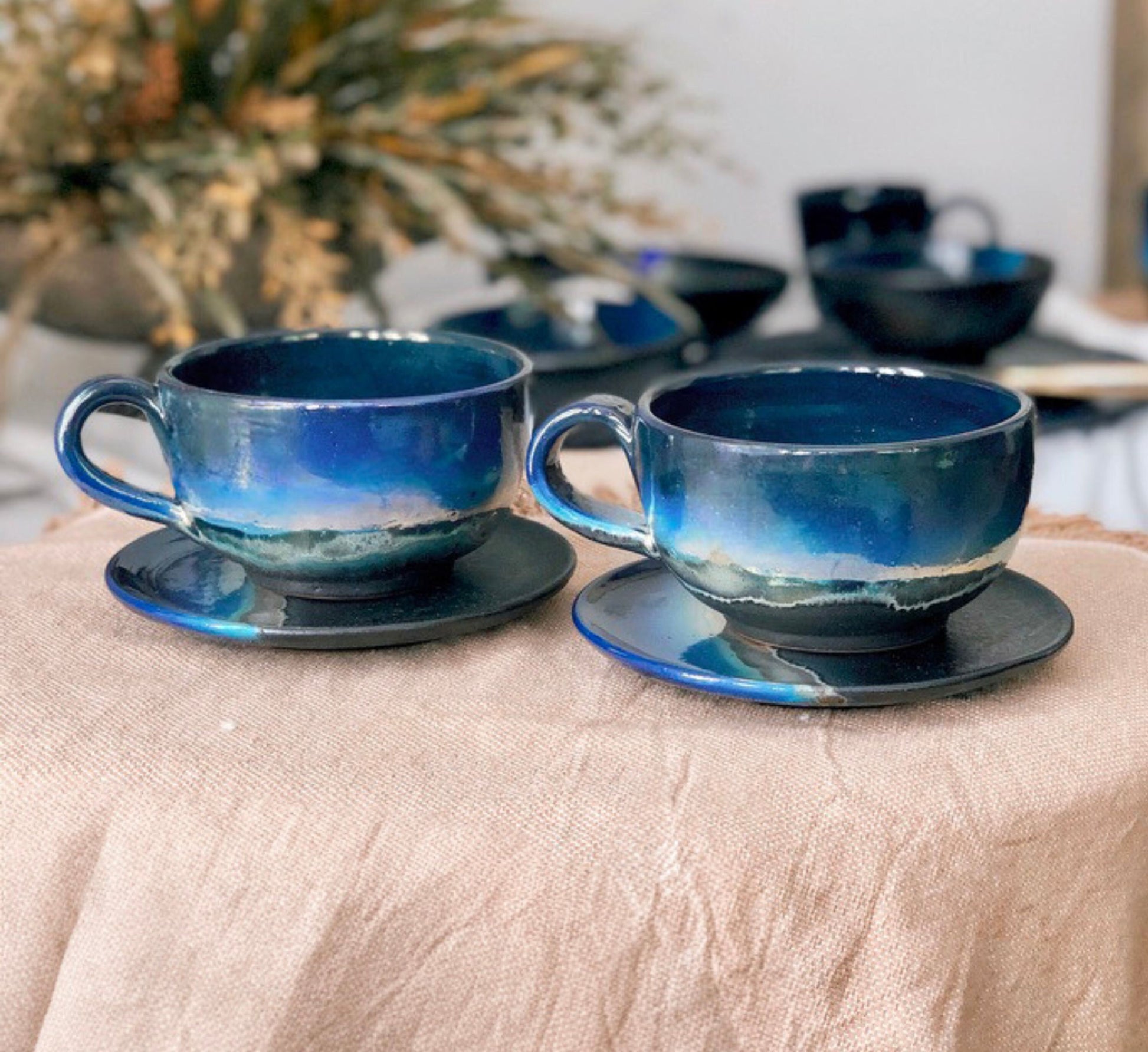 Black Cappuccino Cup with shades of Blue, and Gold Metallic Luster Stripe - Artistic Handmade Reduction Firing Pottery Cups