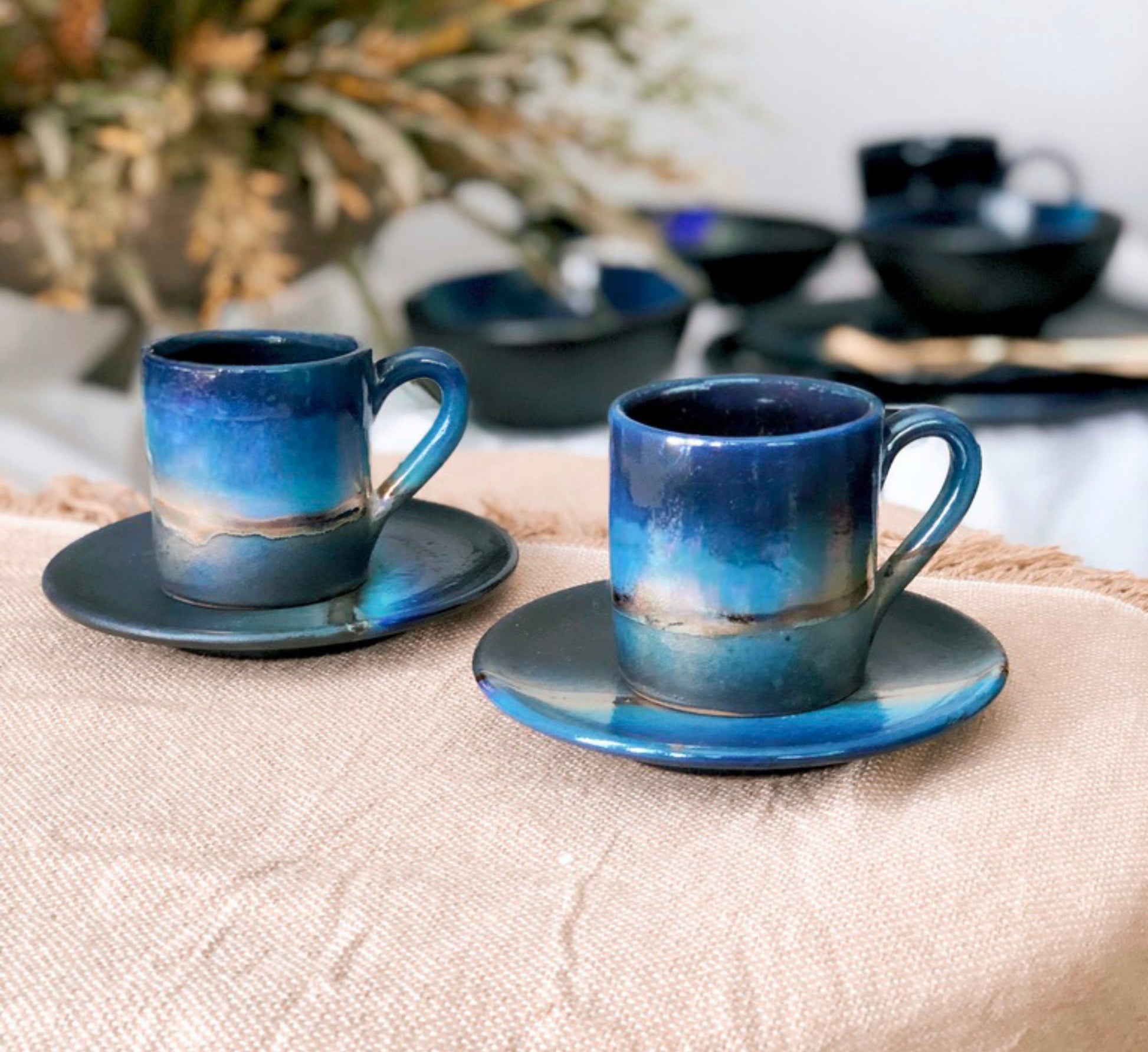 Black 'Turkish Coffee' Cup with with shades of Blue & Gold Metallic Luster Stripe - Artistic Handmade Reduction Firing Pottery/Ceramic Cups