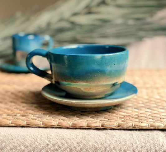 Faded Green & Peacock Blue Cappuccino Cup with Gold Metallic Luster Details and Glazing - Artistic Reduction Firing Drinkware