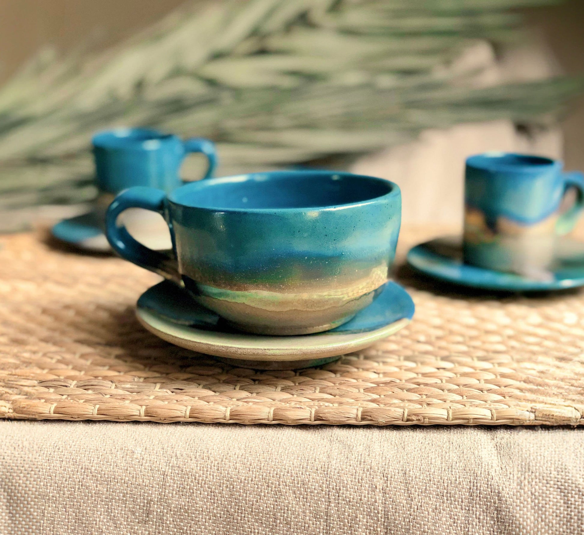 Faded Green & Peacock Blue Cappuccino Cup with Gold Metallic Luster Details and Glazing - Artistic Reduction Firing Drinkware