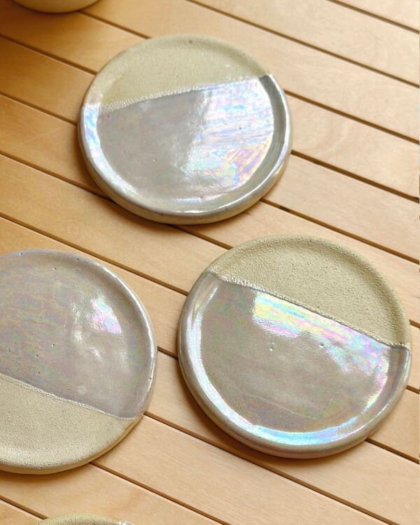 Beige Coaster Set | Cream, Pearly Iridescent and Rustic Glazing | Artistic Handmade Pottery Home Decor Tabletop