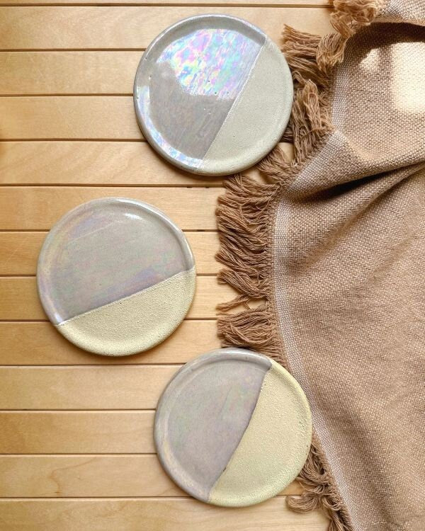 Beige Coaster Set | Cream, Pearly Iridescent and Rustic Glazing | Artistic Handmade Pottery Home Decor Tabletop