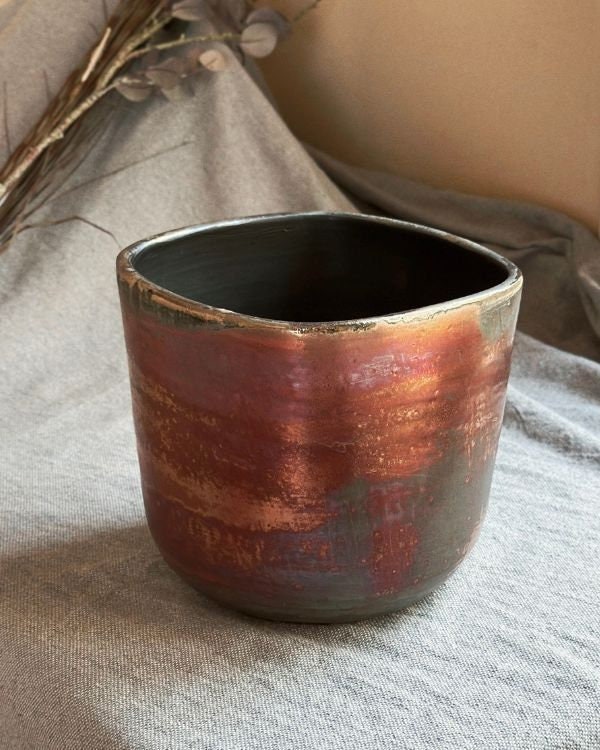 Rustic Maroon Plant Pot /Pottery Planter with Metallic Gold Rim | Random Hints of Gray with Drainage | Handmade Home and Garden Decor