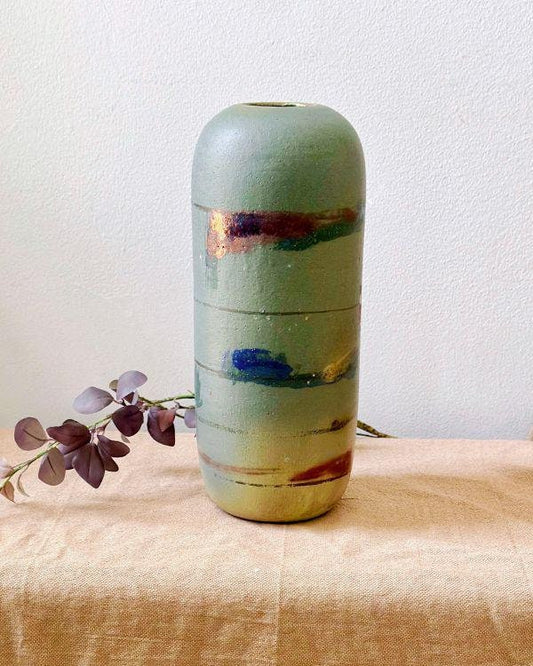 Artisanal Vase | Faded Green with Metallic Gold Rim | Random Hints of Gray with Drainage | Handmade Home and Garden Decor