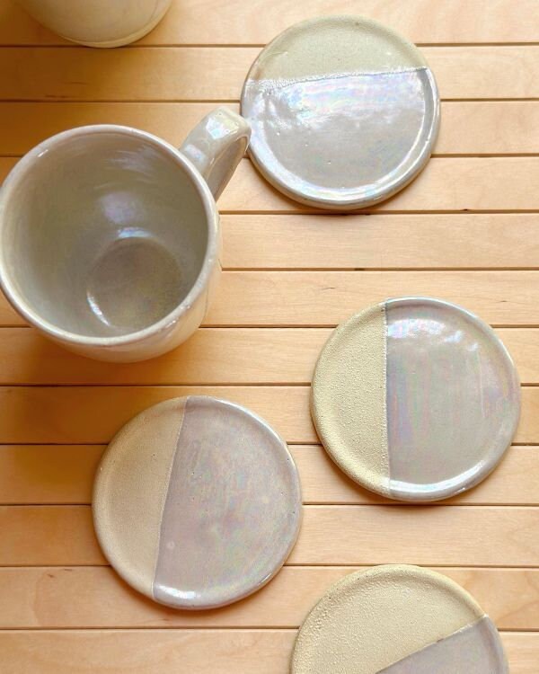 Beige Coaster Set | Cream, Pearly Iridescent and Rustic Glazing | Artistic Handmade Pottery Home Decor Tabletop