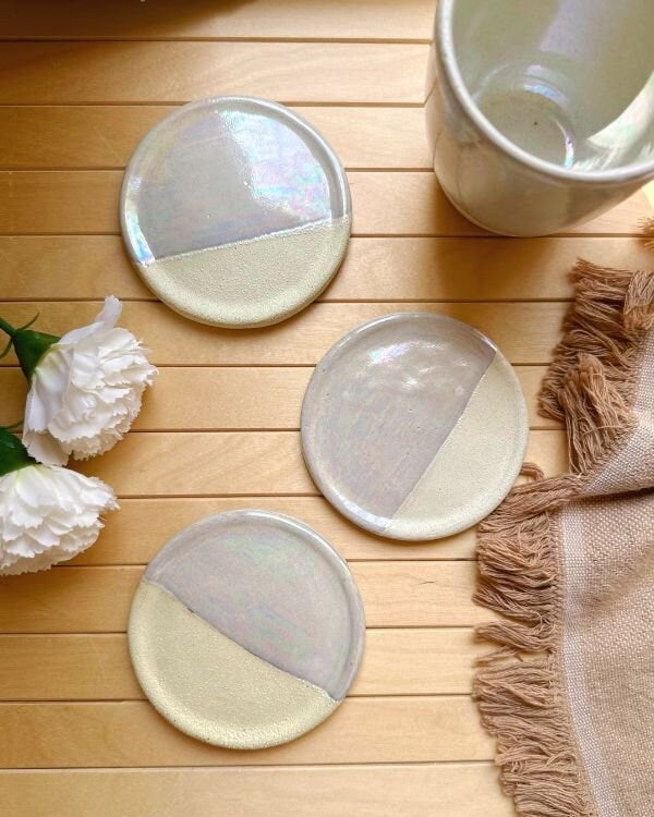 Beige Coaster Set | Cream, Pearly Iridescent and Rustic Glazing | Artistic Handmade Pottery Home Decor Tabletop