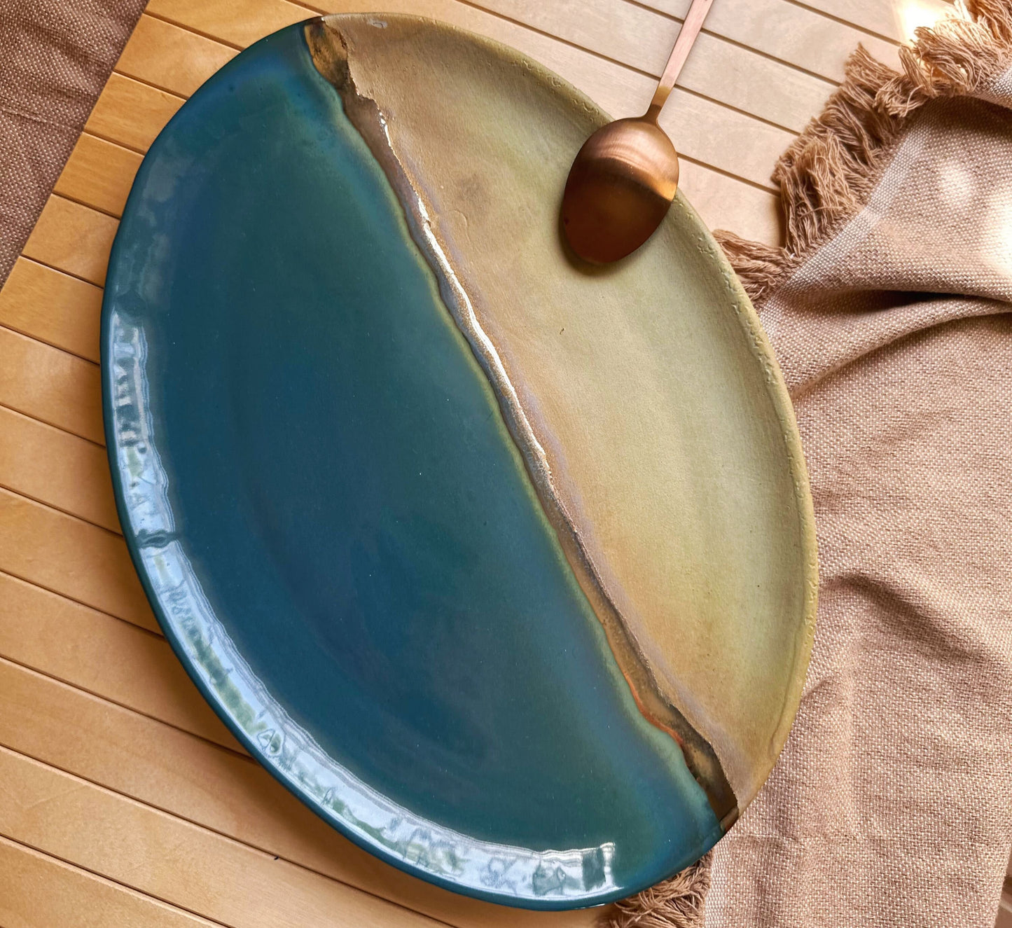 Blue, Green & Gold Serving Platter | Peacock Blue, Rustic Green and Gold Metallic Luster Stripe | Artistic Handmade Ceramic Serveware