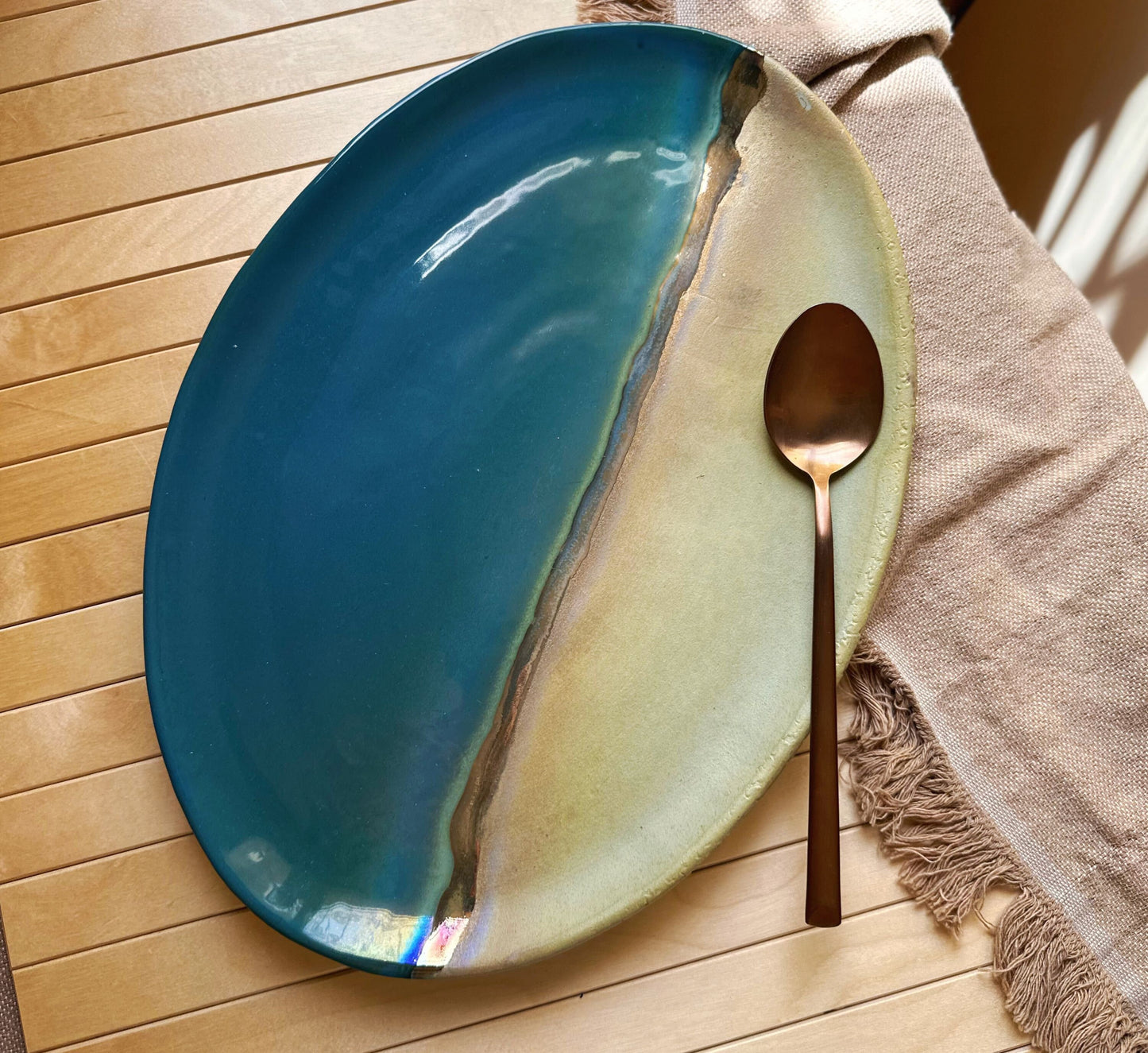 Blue, Green & Gold Serving Platter | Peacock Blue, Rustic Green and Gold Metallic Luster Stripe | Artistic Handmade Ceramic Serveware