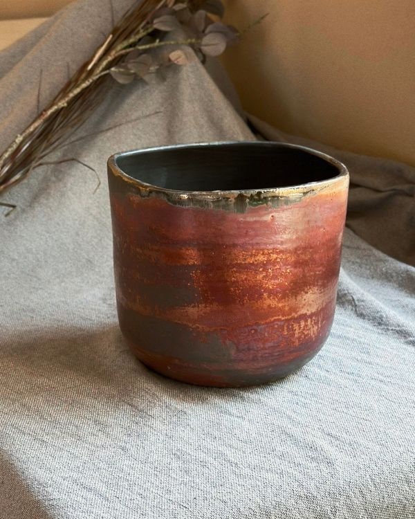 Rustic Maroon Plant Pot /Pottery Planter with Metallic Gold Rim | Random Hints of Gray with Drainage | Handmade Home and Garden Decor