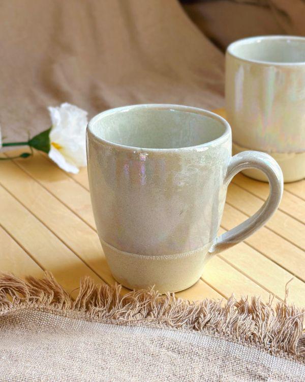 Pearly Beige Mug | With Cream rustic and Off-White iridescent luster finish | Unique Artistic Handmade Ceramic Coffee Latte Cappuccino Cups