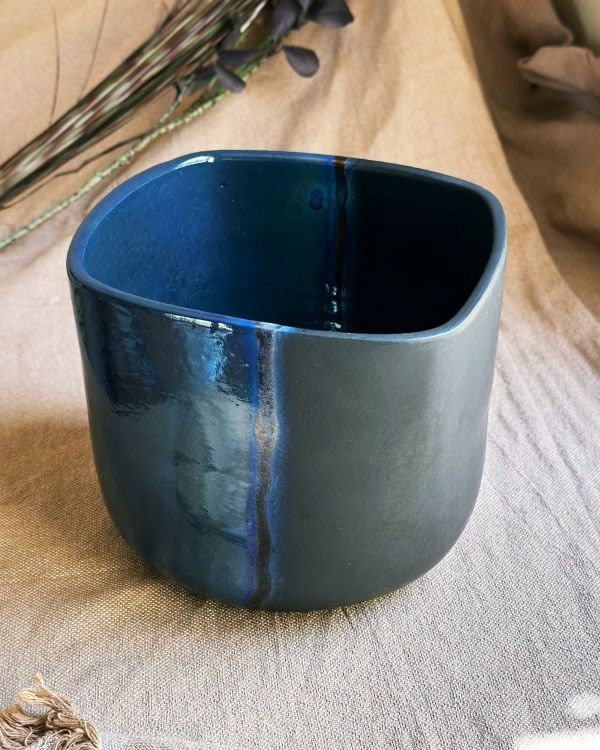 Blue & Black Plant Pot /Pottery Planter with Metallic Stripe | Matte and Glossy Finish with Drainage | Handmade Home and Garden Decor