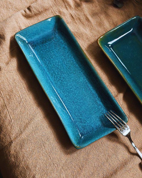 Blue Rectangular Serving Platter | with hints of Green and Turquoise | For Appetizers and Sushi | Ceramic Dinnerware Serveware