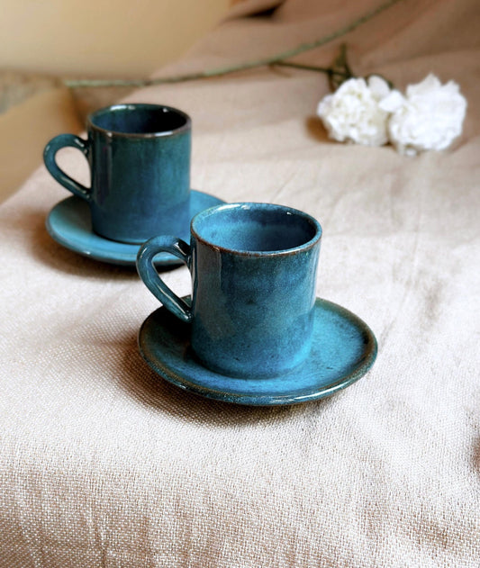 Blue Cup and Saucer Set | For Turkish, Arabic Coffee, or Espresso | Glossy Glazing with Shades of Blue, Black and Hints of Turquoise