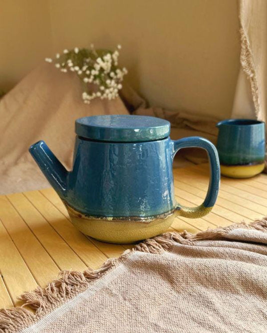 Peacock Blue & Rustic Green Tea Set with Gold Metallic Luster Details and Glazing - Artistic Reduction Firing Cups